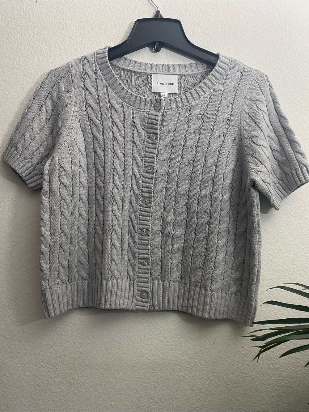 Pink Rose Women's Light Gray Cable Knit Short-Sleeve Cardigan Sweater